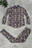 Purple Fashion Casual Print Without Belt Turndown Collar Long Sleeve Two Pieces
