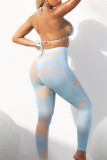 Light Blue Fashion Sexy Print Bandage See-through Backless Sleeveless Three-piece Set