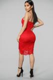 Red Sexy Fashion Spaghetti Strap Sleeveless Slip Asymmetrical Knee-Length asymmetrical Solid P