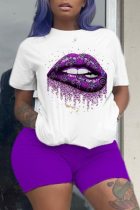 purple Fashion Casual Sportswear Print O Neck Plus Size Two Pieces