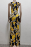 Blue Casual Print Patchwork Spaghetti Strap Trumpet Mermaid Dresses
