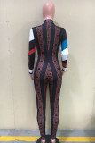 Black Celebrities Twilled Satin Print O Neck Skinny Jumpsuits