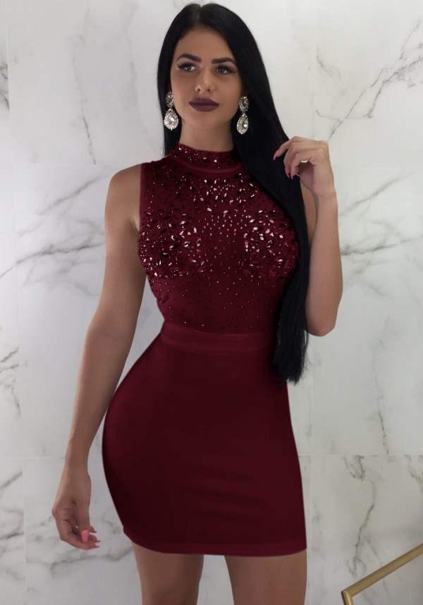 Red Maroon Brief Cute Stand Sleeveless Step skirt skirt Club Dresses