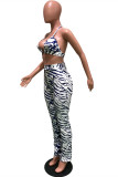 Blue Fashion Sexy Print Backless Halter Sleeveless Two Pieces