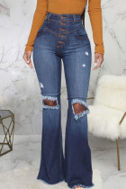Dark Blue Sexy Ripped High Waist Boot Cut Denim