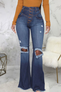 Dark Blue Sexy Ripped High Waist Boot Cut Denim