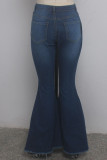 Blue Denim Button Fly Sleeveless High Patchwork Hole Solid Boot Cut Pants Pants