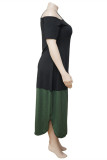 Green Fashion Casual Plus Size Patchwork Asymmetrical Oblique Collar Short Sleeve Dress