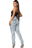 Grey Denim Zipper Fly Button Fly Mid washing Hole Zippered Pocket Skinny Pants Pants
