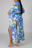 Blue Sexy Print Patchwork Swimwears Three Pieces