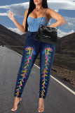Medium Blue Fashion Casual Solid Strap Design High Waist Regular Jeans