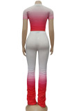 Red Casual Print Boot Cut Short Sleeve Two Pieces