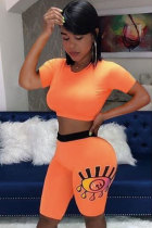 Orange Fashion Sexy backless Patchwork Print Straight Short Sleeve Two-Piece Short Set
