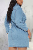 Light Blue Sexy Solid Patchwork Turndown Collar Pencil Skirt Dresses