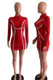 Red Casual Print Patchwork Zipper Collar Pencil Skirt Dresses