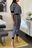 Black venetian Plaid Patchwork Print contrast color pencil Short Sleeve Two Pieces