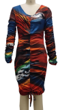 Multicolor Sexy Print Patchwork V Neck Pencil Skirt Dresses