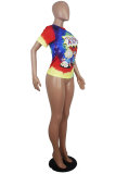 Blue White Blue Orange Yellow colour O Neck Short Sleeve Patchwork Print Character Tops