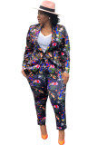 Black venetian Casual Patchwork Print Two Piece Suits Straight Long Sleeve Two-piece Pants Set