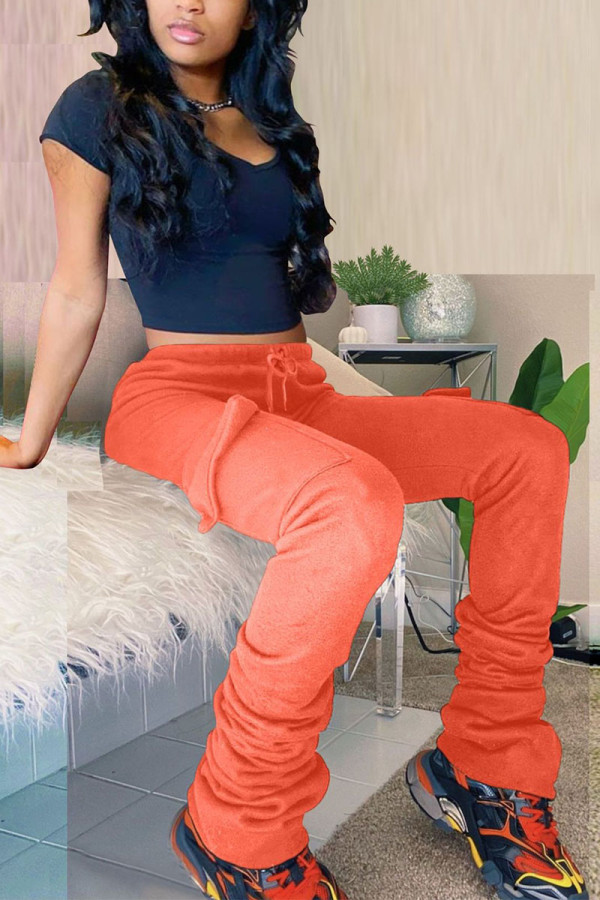 Orange Casual Solid Pocket Fold Boot Cut Patchwork Bottoms