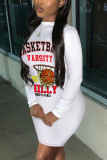 White Fashion Print O Neck Wrapped Skirt Dresses