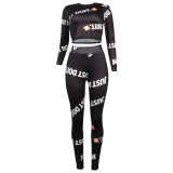 Blue Spandex Elastic Fly Long Sleeve Mid Letter Skinny Pants