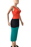 Red Casual Striped Print Patchwork V Neck Pencil Skirt Dresses