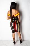Black and red Sexy Fashion Off The Shoulder Sleeveless One word collar Hip skirt asymmetrical Striped C