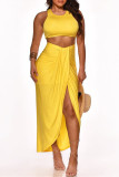 Yellow Sexy Casual Solid Patchwork Asymmetrical O Neck Sleeveless Two Pieces