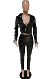 Black Fashion Casual Adult Faux Leather Solid Bandage Patchwork Turndown Collar Long Sleeve Regular Sleeve Short Two Pieces