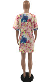 Pink Fashion Casual Plus Size Print Basic V Neck Short Sleeve Dress
