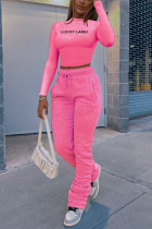 Pink Casual Print Letter Turtleneck Long Sleeve Two Pieces