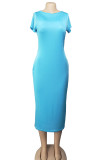 Cyan Fashion Casual White Red Black Orange Yellow Cyan Cap Sleeve Short Sleeves O neck Pencil Dress Mid-Calf Solid Dresses