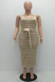 Stripe Sexy Fashion Spaghetti Strap Sleeveless Slip Sheath Ankle-Length bandage Striped asymmetri