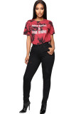 Red O Neck Short Sleeve Print
