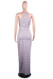 Grey Sexy Fashion Spaghetti Strap Sleeveless Slip Step Skirt Floor-Length Striped Casual Dress