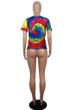 White Blue Yellow purple colour O Neck Short Sleeve Patchwork Print Character Tops