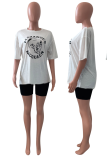 White Casual Print Patchwork O Neck Short Sleeve Two Pieces