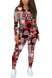 Red Fashion Casual adult Ma'am Print Two Piece Suits pencil Long Sleeve Two Pieces