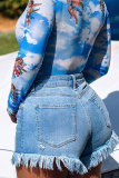 Blue Denim Button Fly Sleeveless Mid Patchwork Solid Tassel Old Straight Pants Bottoms