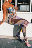 Pink Sexy Print Patchwork Halter Sleeveless Two Pieces