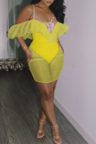 Yellow Sexy Solid Flounce Mesh Swimwears