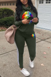 Army Green venetian Fashion adult Europe and America Ma'am Print Two Piece Suits Straight Long Sleeve Two Pieces