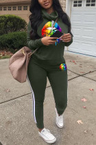 Army Green venetian Fashion adult Europe and America Ma'am Print Two Piece Suits Straight Long Sleeve Two Pieces