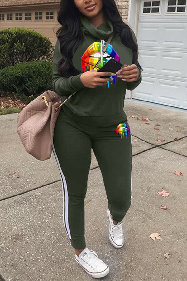 Army Green venetian Fashion adult Europe and America Ma'am Print Two Piece Suits Straight Long Sleeve Two Pieces