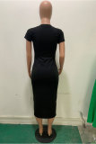 Black Fashion Casual adult Black Cap Sleeve Short Sleeves O neck Step Skirt Mid-Calf Print Patchwork Character hole Dresses