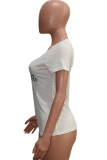White O Neck Short Sleeve Letter Print Tops