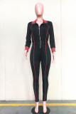 Black Casual Acetate Fiber Solid Zipper Collar Skinny Jumpsuits