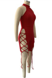 Red Sexy Solid Hollowed Out Backless Halter Skinny Romper