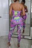 Pink Sexy Casual Print Backless Strapless Skinny Jumpsuits